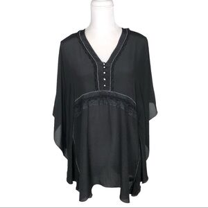 Johnny Was black 100% silk top blouse v-neck bohemian poncho Love and Liberty XS